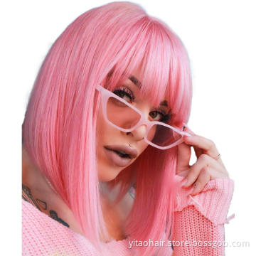 Pink Bob  Wig with Bangs Short Straight Synthetic Hair Wigs for  Women Neon Pink Shoulder Length Wig for Daily Cosply Party Use